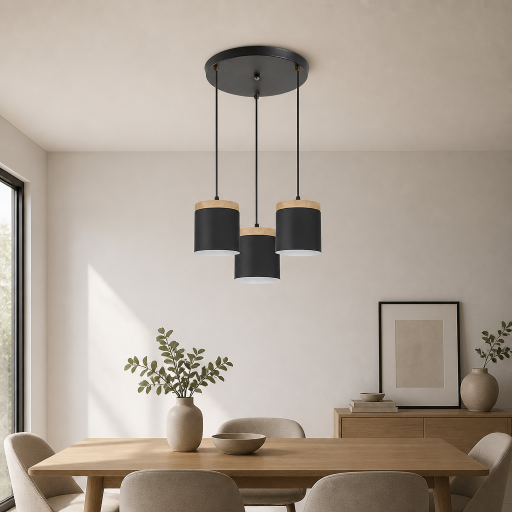 3-head round base pendant light in all-black shades with wood caps