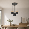 3-head round base pendant light in all-black shades with wood caps