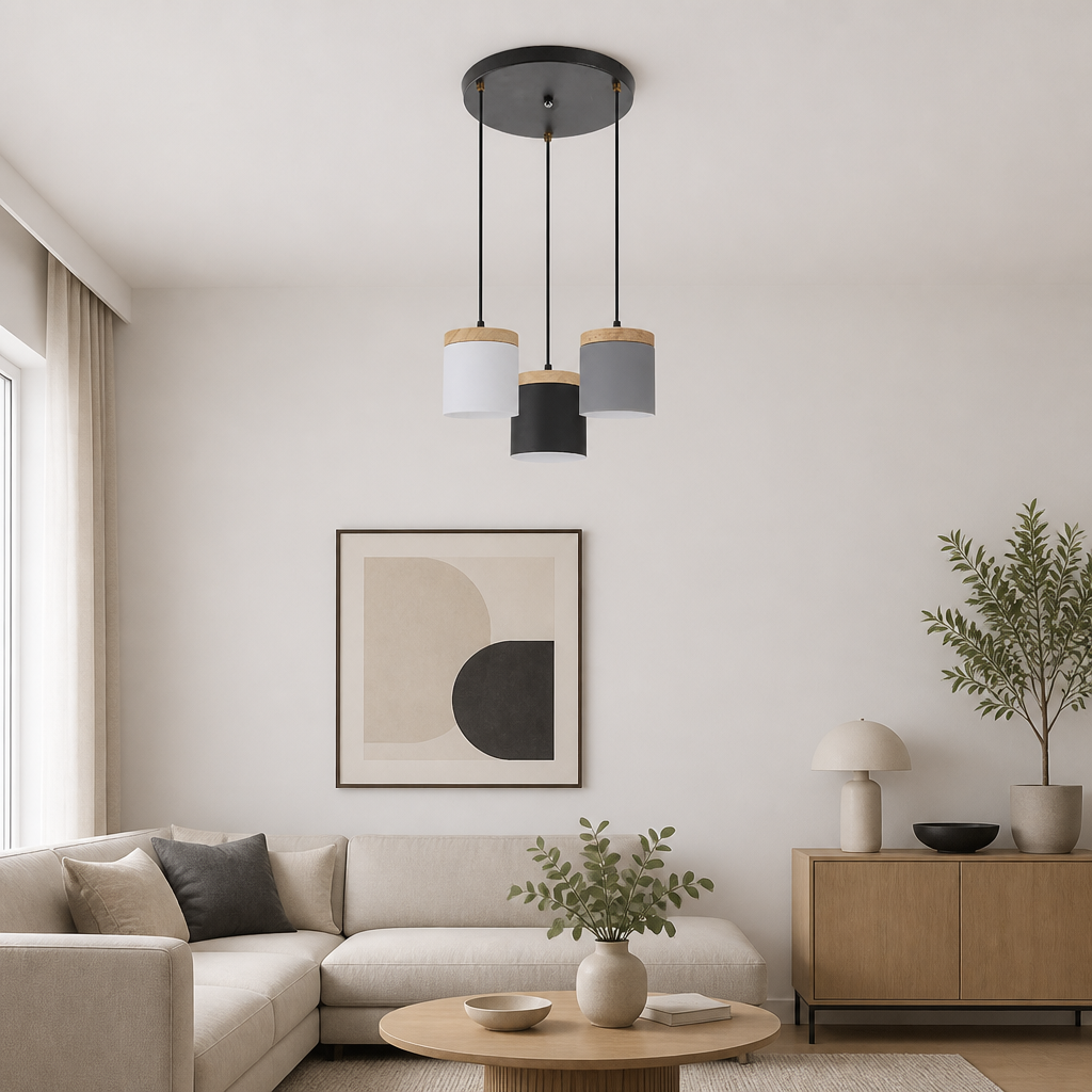 3-head round base pendant light in mixed black, white, and gray shades