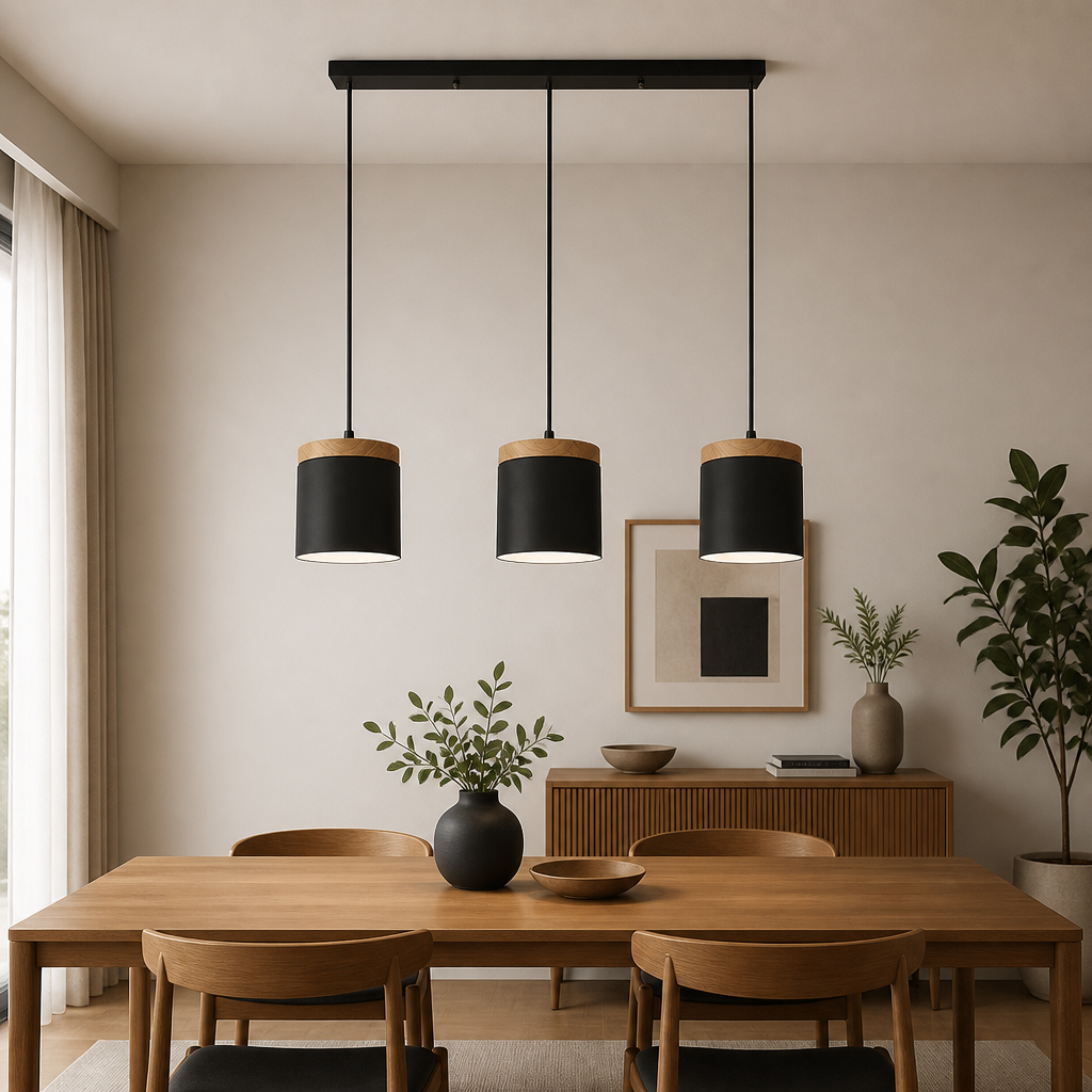 3-head linear base pendant light in all-black shades with wood caps