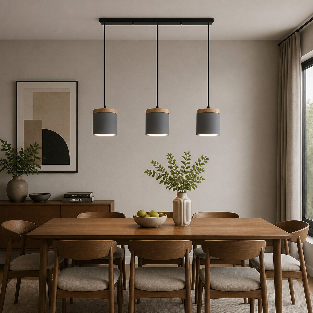 3-head linear base pendant light in all-grey shades with wood caps