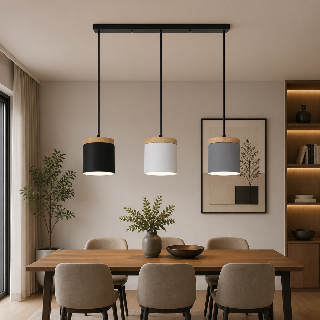 3-head linear base pendant light in mixed black, white, and gray shades