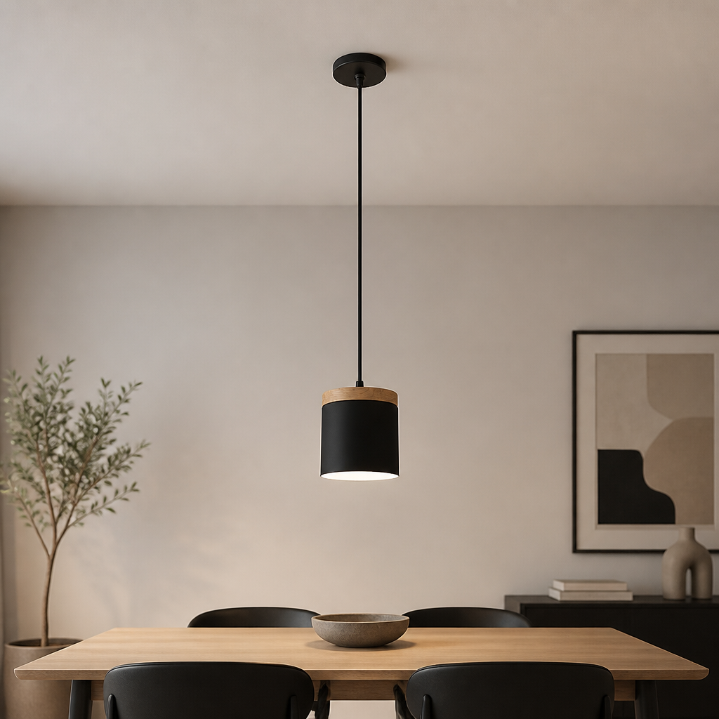 Single black pendant light with wood cap