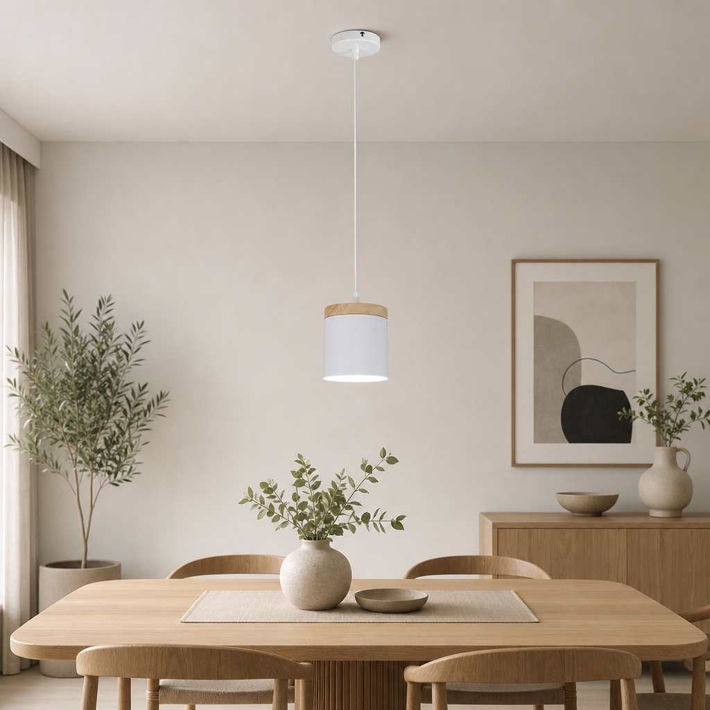 Single white pendant light with wood cap and adjustable cord