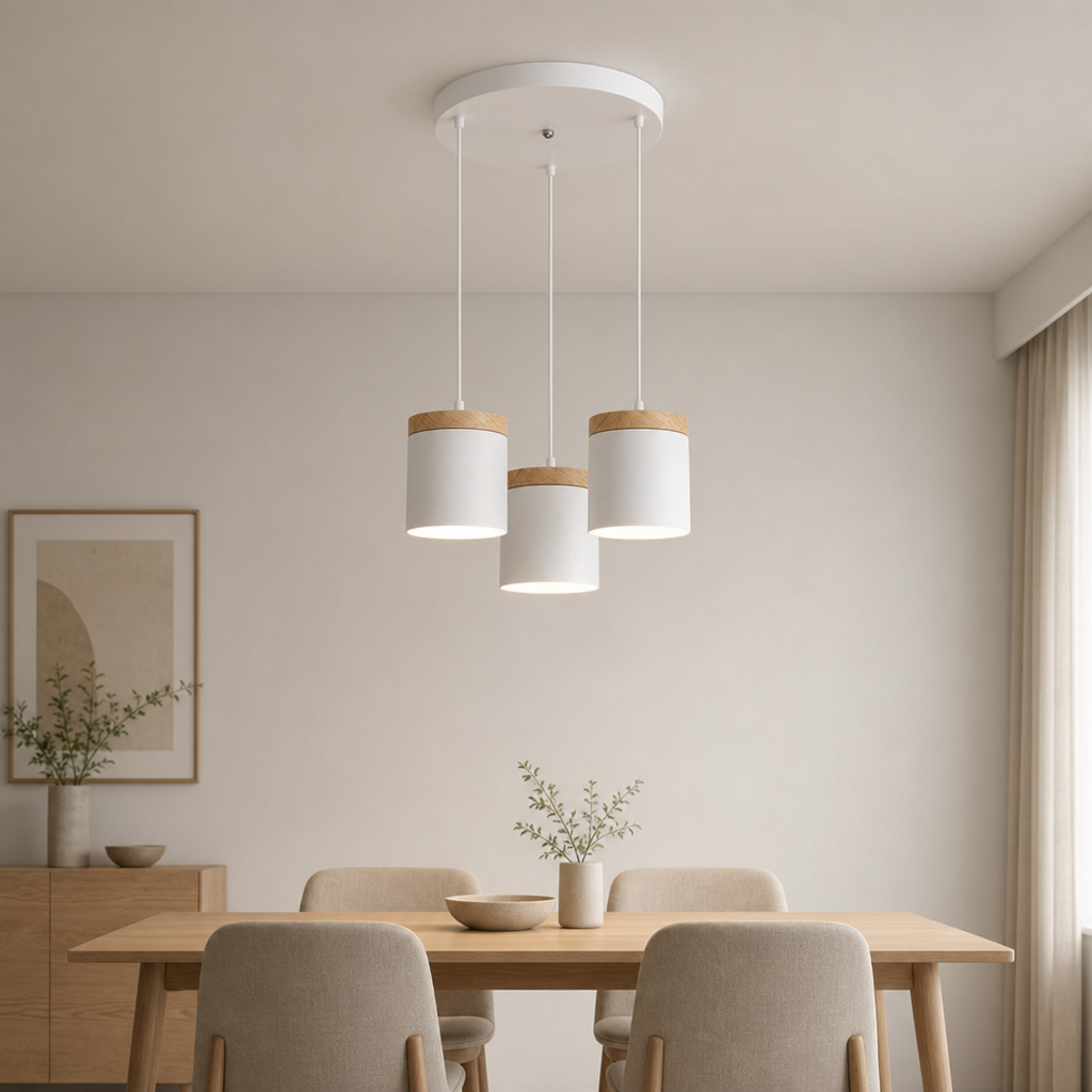 3-head round white base pendant light in all-white shades with wood caps