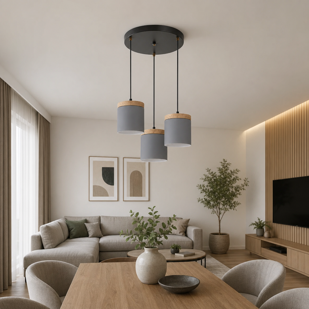 3-head round base pendant light in all-grey shades with wood caps