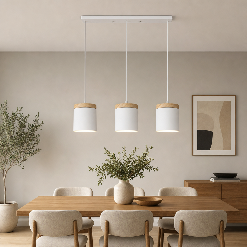 3-head round white base pendant light in all-white shades with wood caps