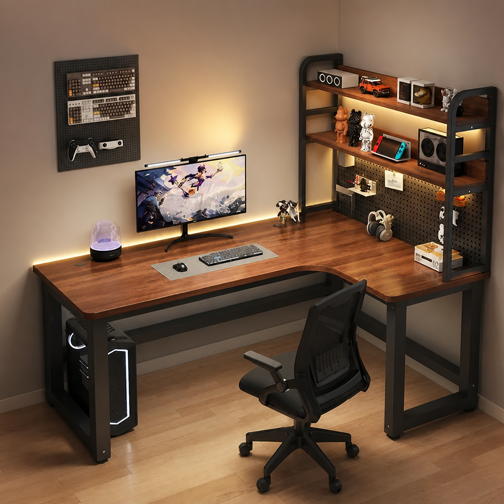 Brown L-shaped office desk with storage shelves and a metal frame in a home workspace