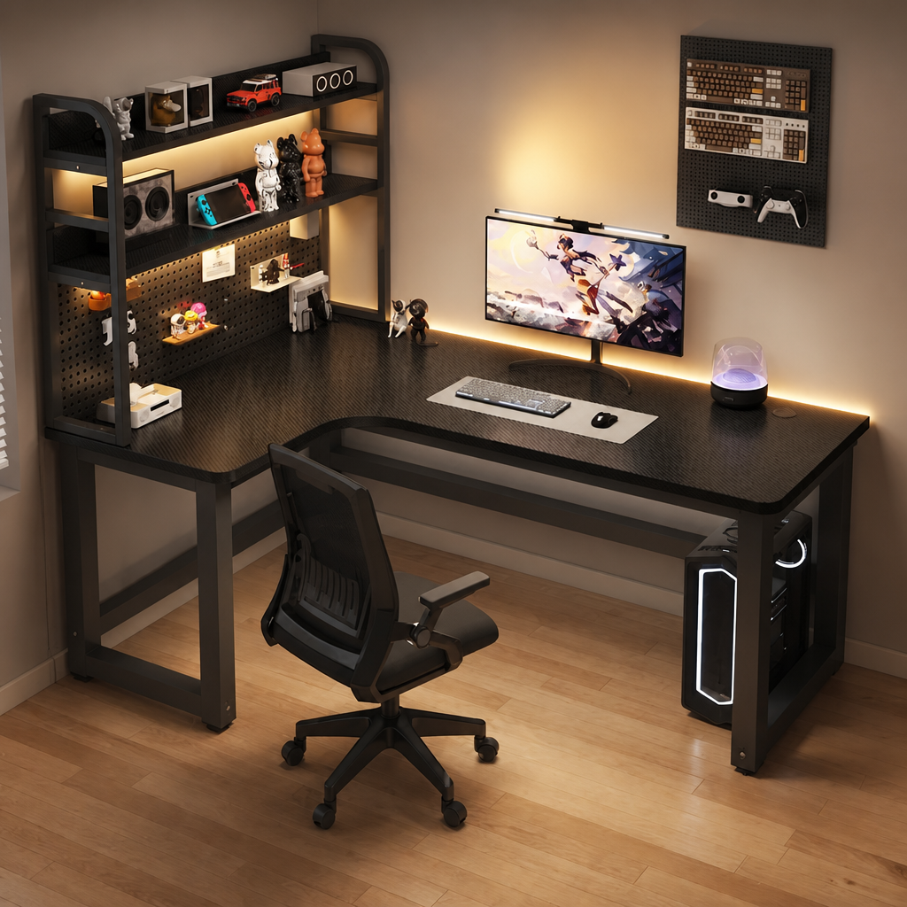 Black corner office desk with wood-effect top, shelving, and workspace accessories