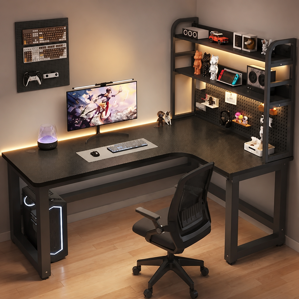 Black corner office desk with wood-effect top, shelving, and workspace accessories