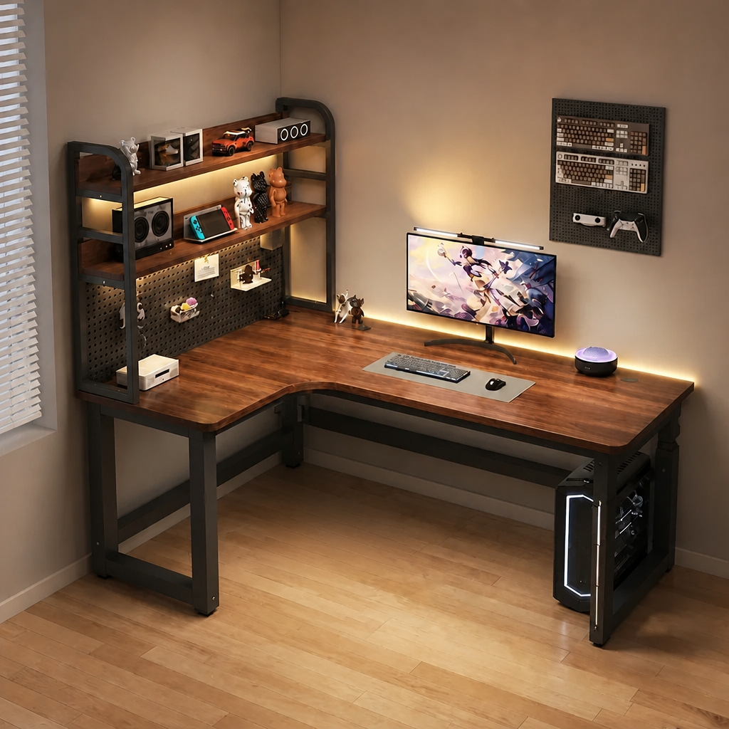 Brown L-shaped office desk with storage shelves and a metal frame in a home workspace