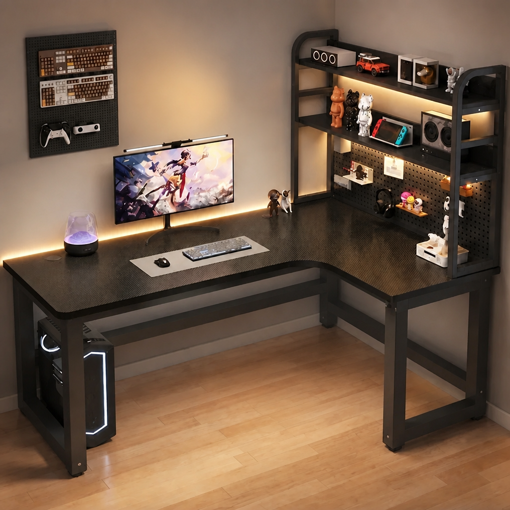 Black corner office desk with wood-effect top, shelving, and workspace accessories
