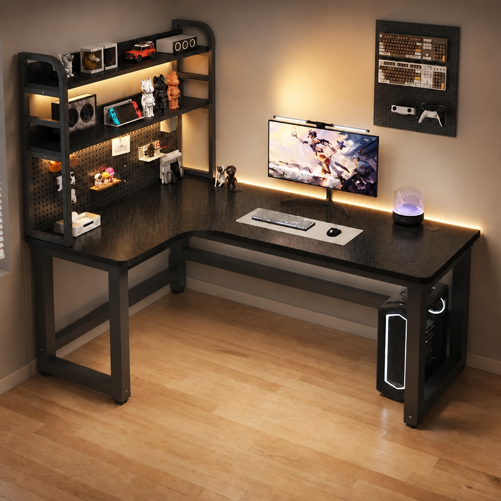 Black corner office desk with wood-effect top, shelving, and workspace accessories