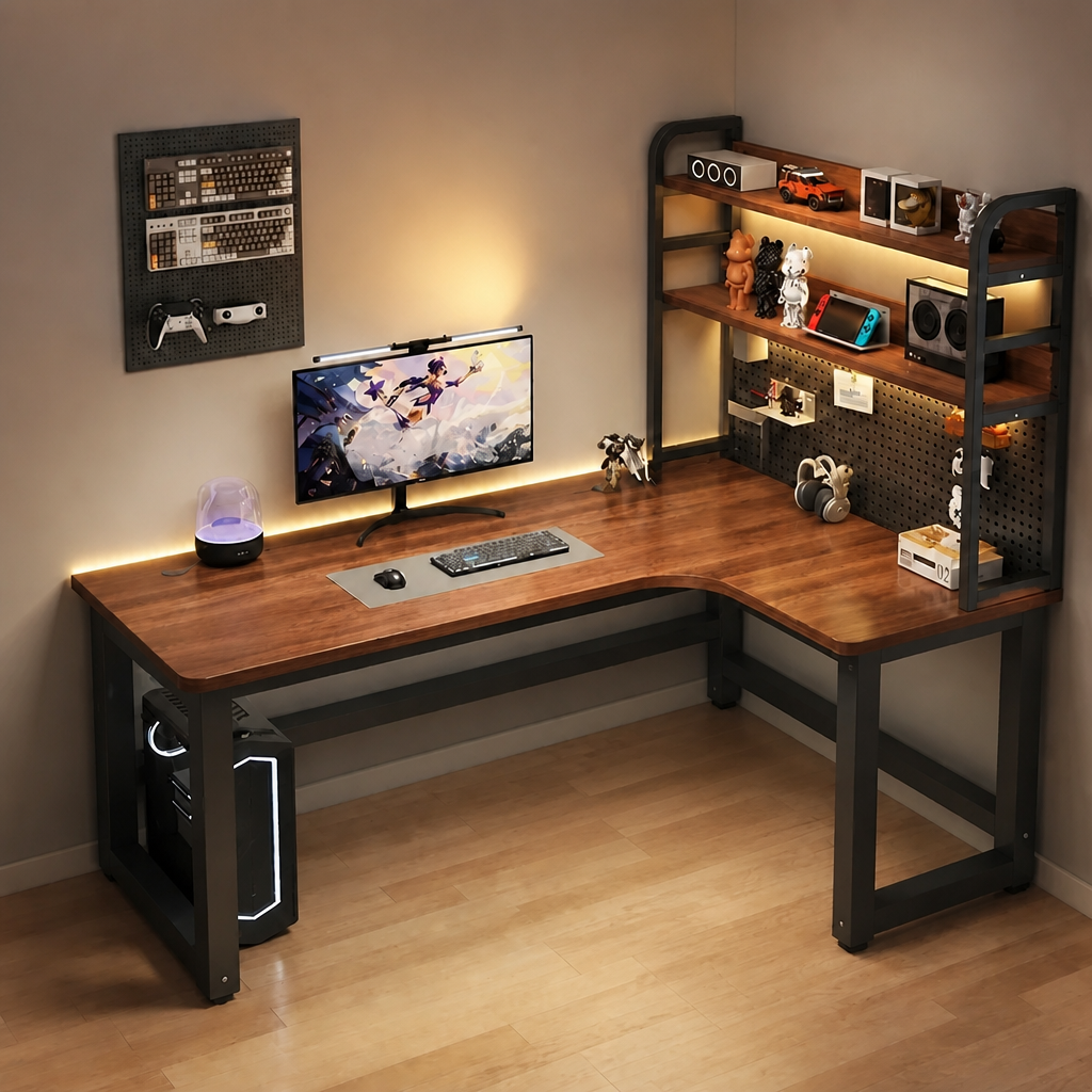 Brown L-shaped office desk with storage shelves and a metal frame in a home workspace