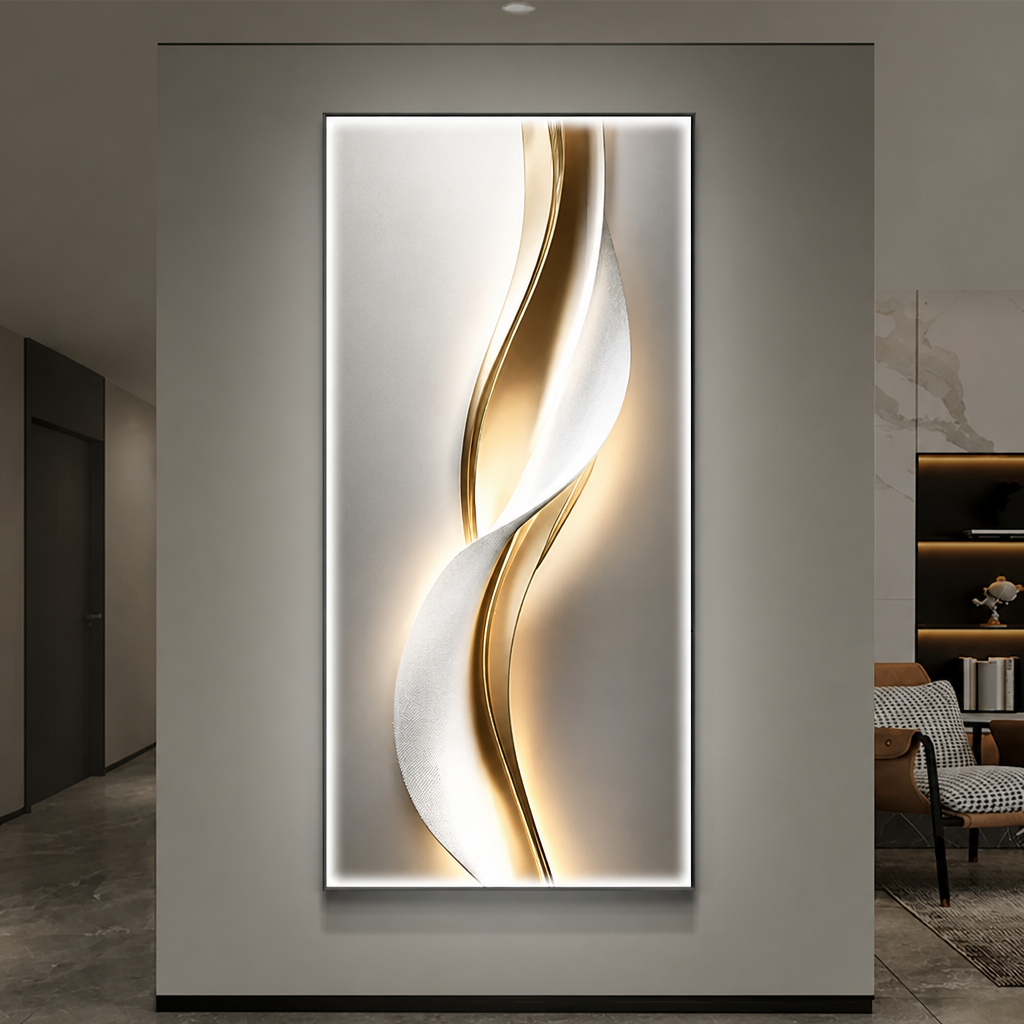 Textured white and gold wave LED backlit wall art panel with warm ambient glow