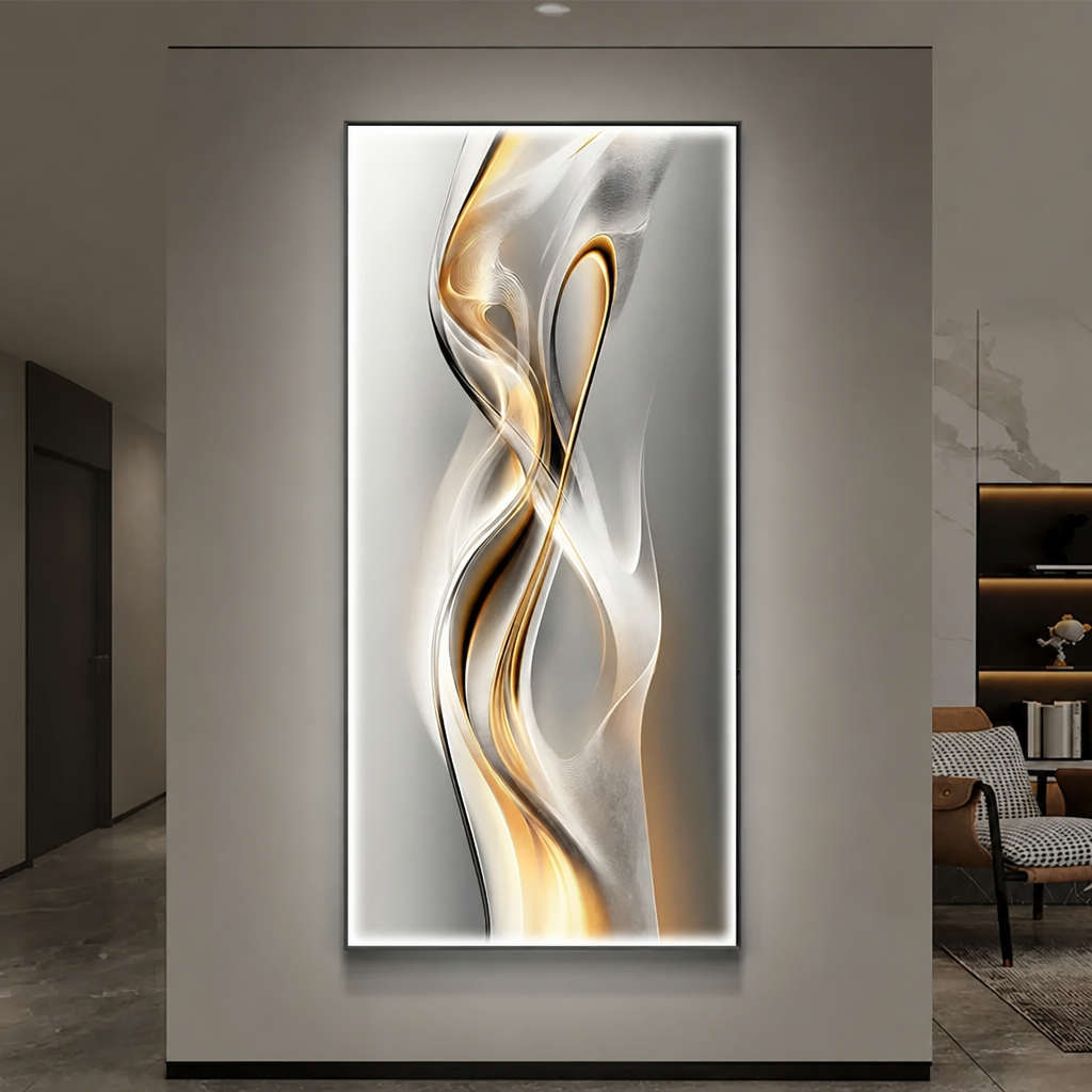 Intertwining gold and silver abstract flow LED wall panel illuminated in a modern entryway