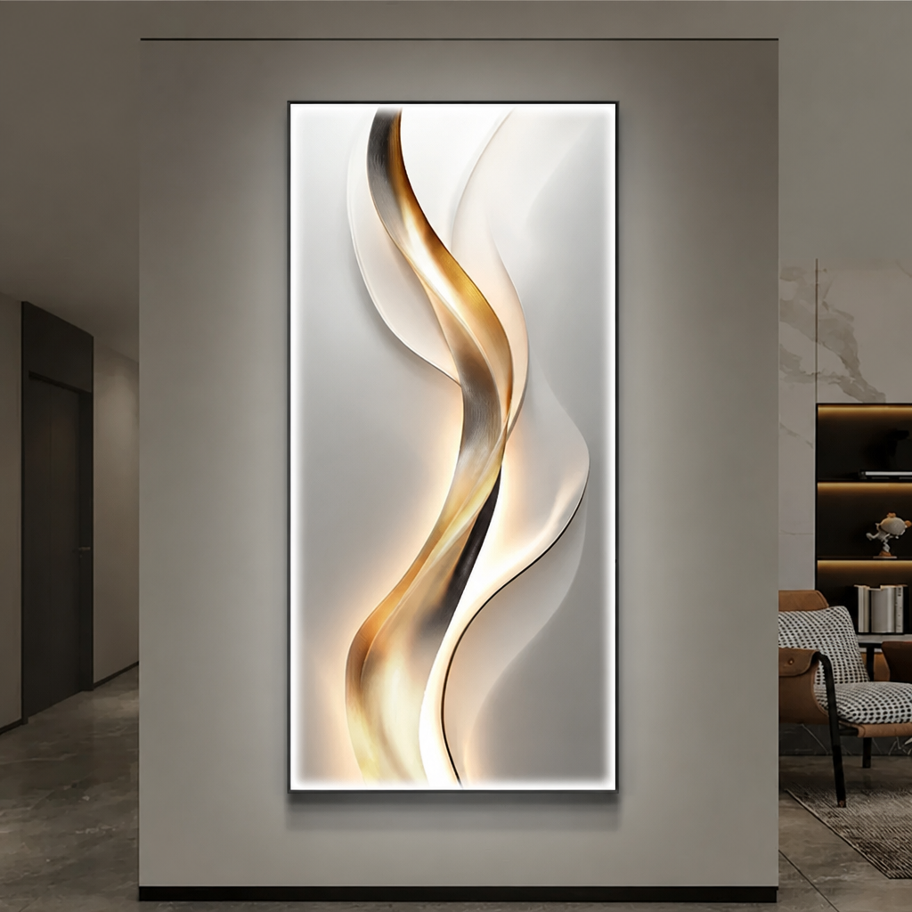 Bold gold ribbon abstract LED wall art panel with warm backlighting in a contemporary living space
