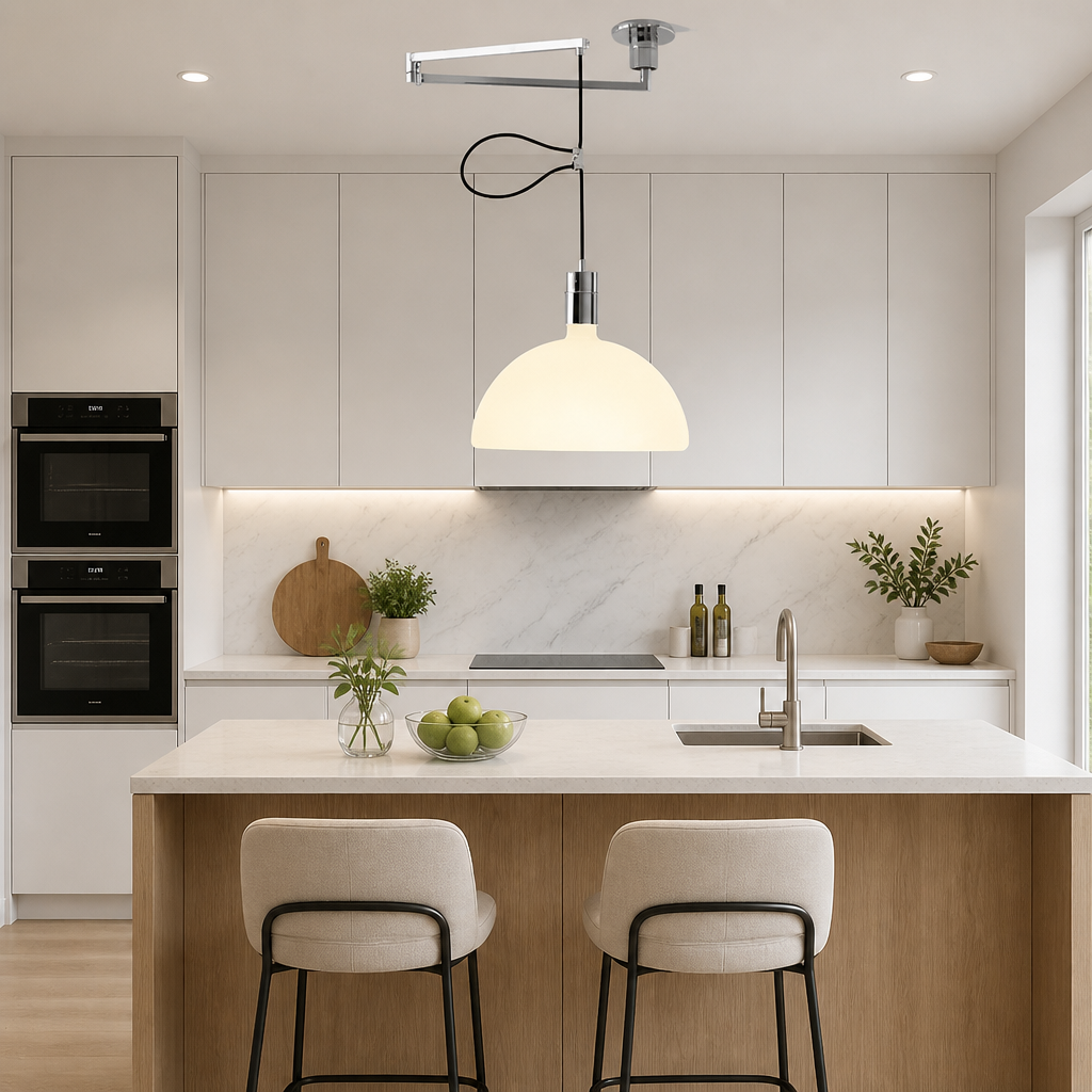 Milk white glass dome pendant light with chrome hardware and hanging cord