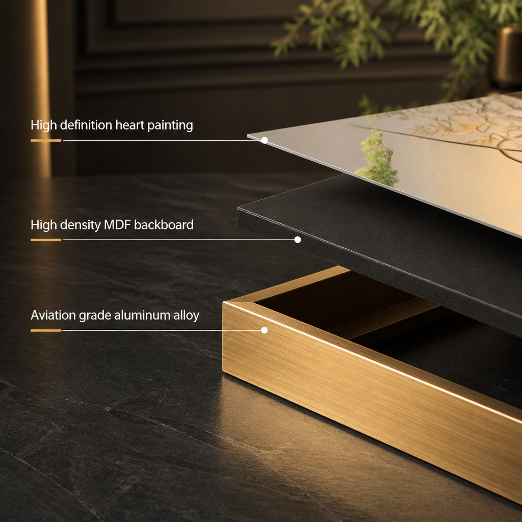 Close-up of a modern table or cabinet showing layered materials: a heart-patterned top, a black MDF backboard, and a brushed gold aluminum base, with callout lines labeling the features.