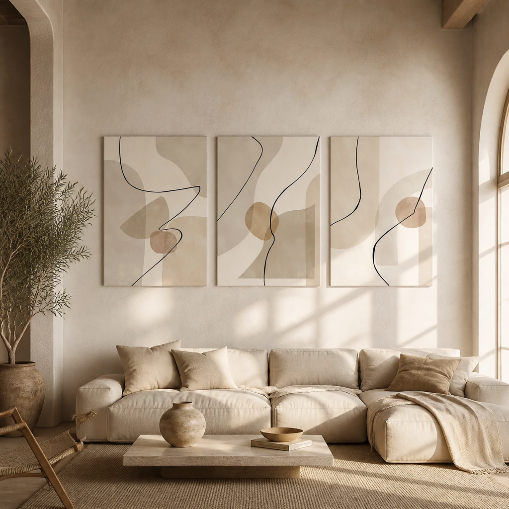 Three-piece abstract wall art set featuring minimalist beige and brown organic shapes with black lines, displayed above a cream sectional sofa in a warm, sunlit modern living room.