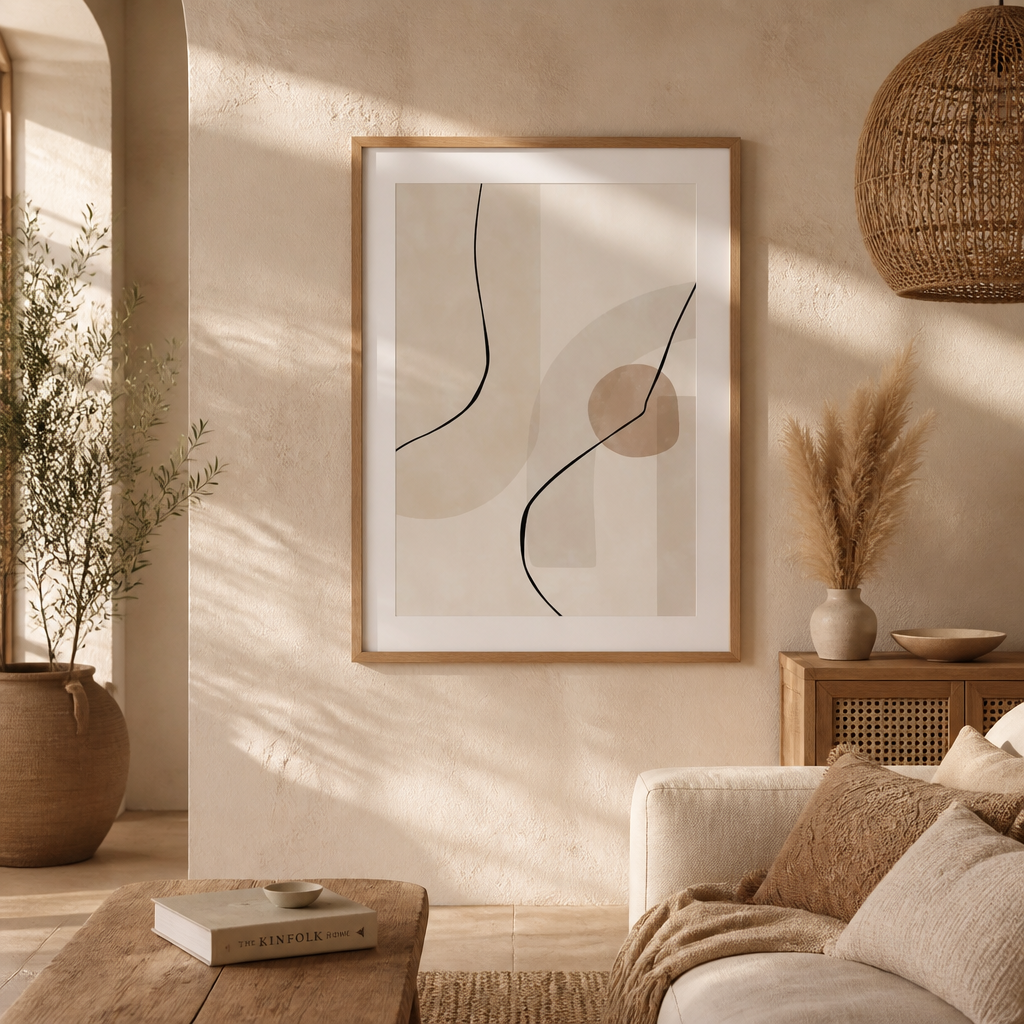 Neutral tone abstract wall art with flowing line design and warm taupe accent shape