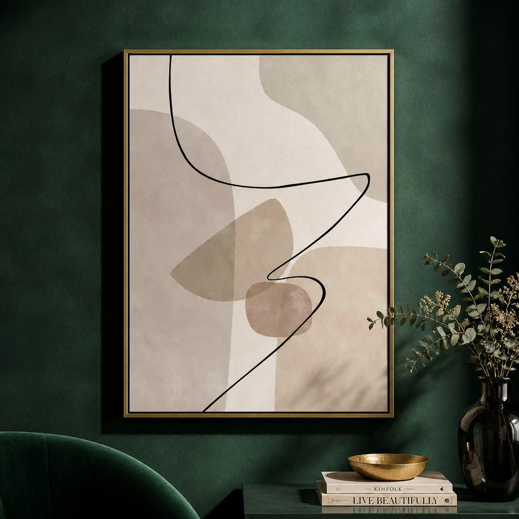 Minimalist canvas print featuring curved black line work over soft neutral colour blocks