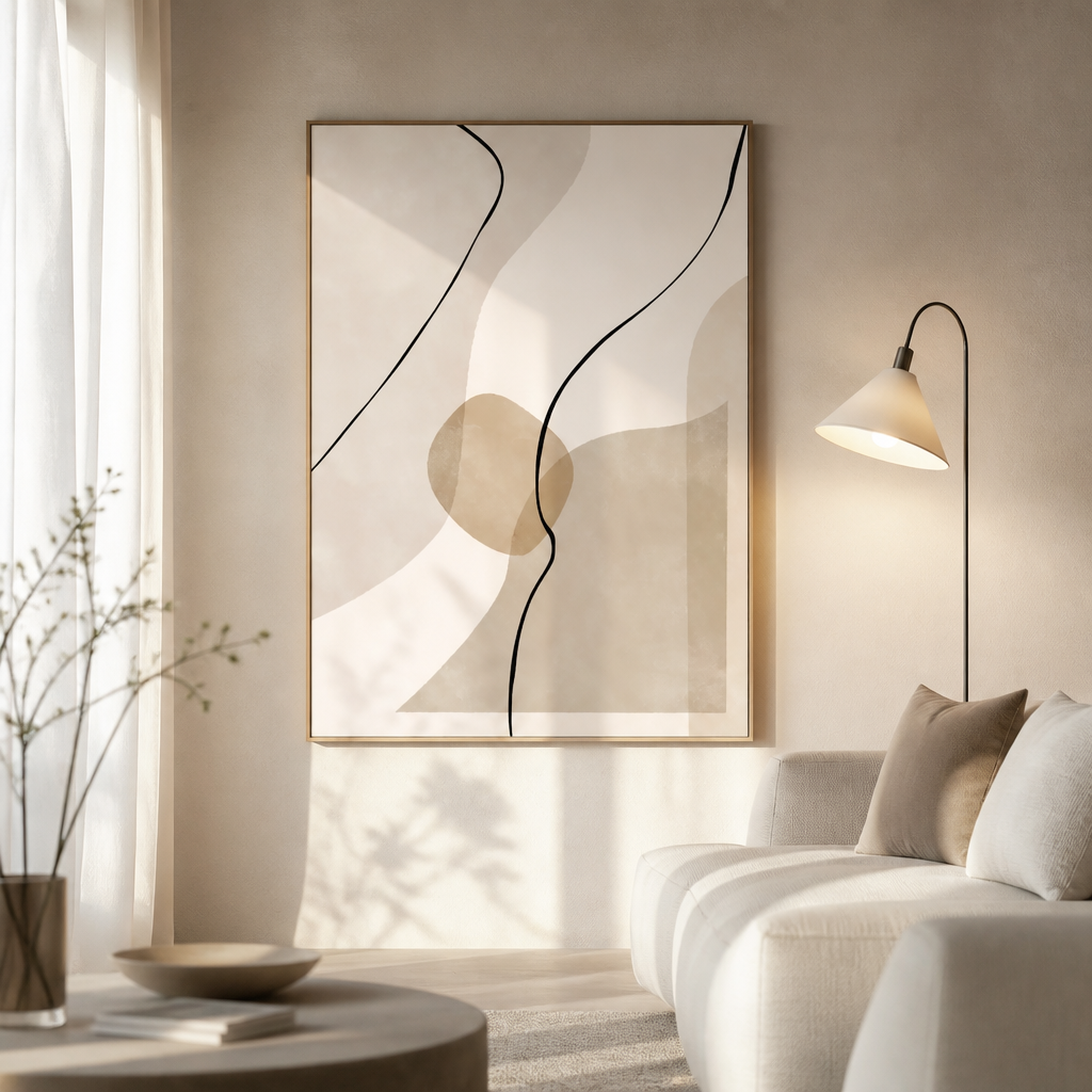 Abstract line art canvas print with beige and taupe shapes and a rounded terracotta form