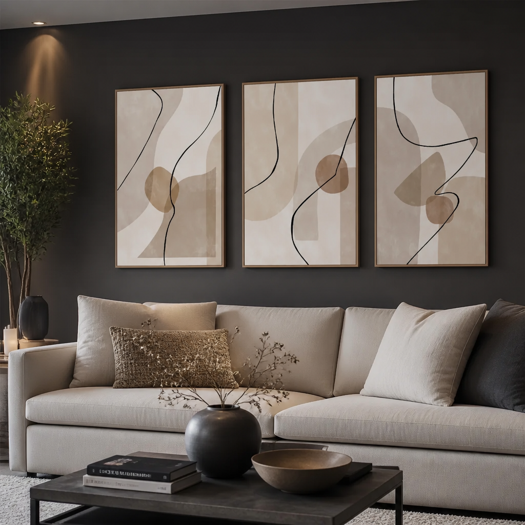 Three-piece abstract wall art set in beige, brown, and black, displayed on a dark charcoal wall above a modern beige sofa in a styled living room.