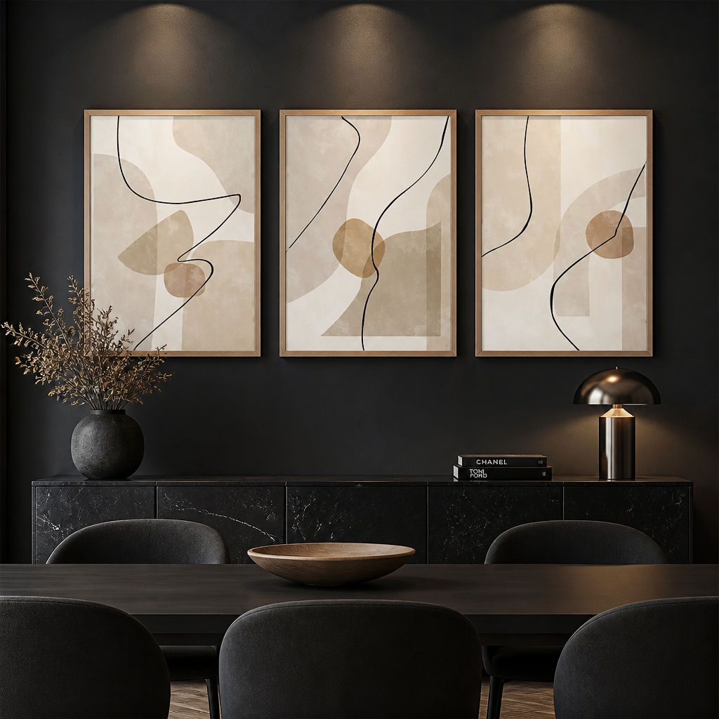 Three-panel abstract canvas set in beige and taupe tones with continuous line art design