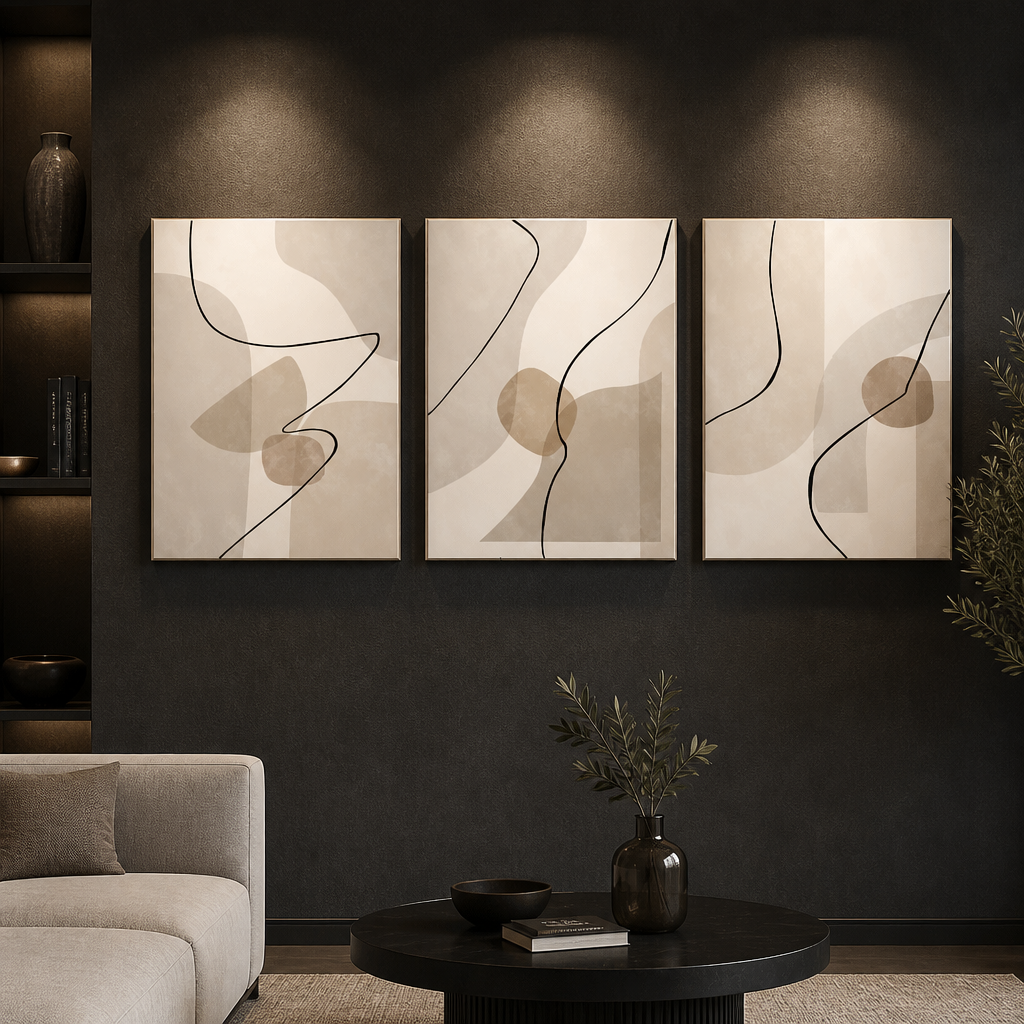Three-panel abstract canvas set in beige and taupe tones with continuous line art design