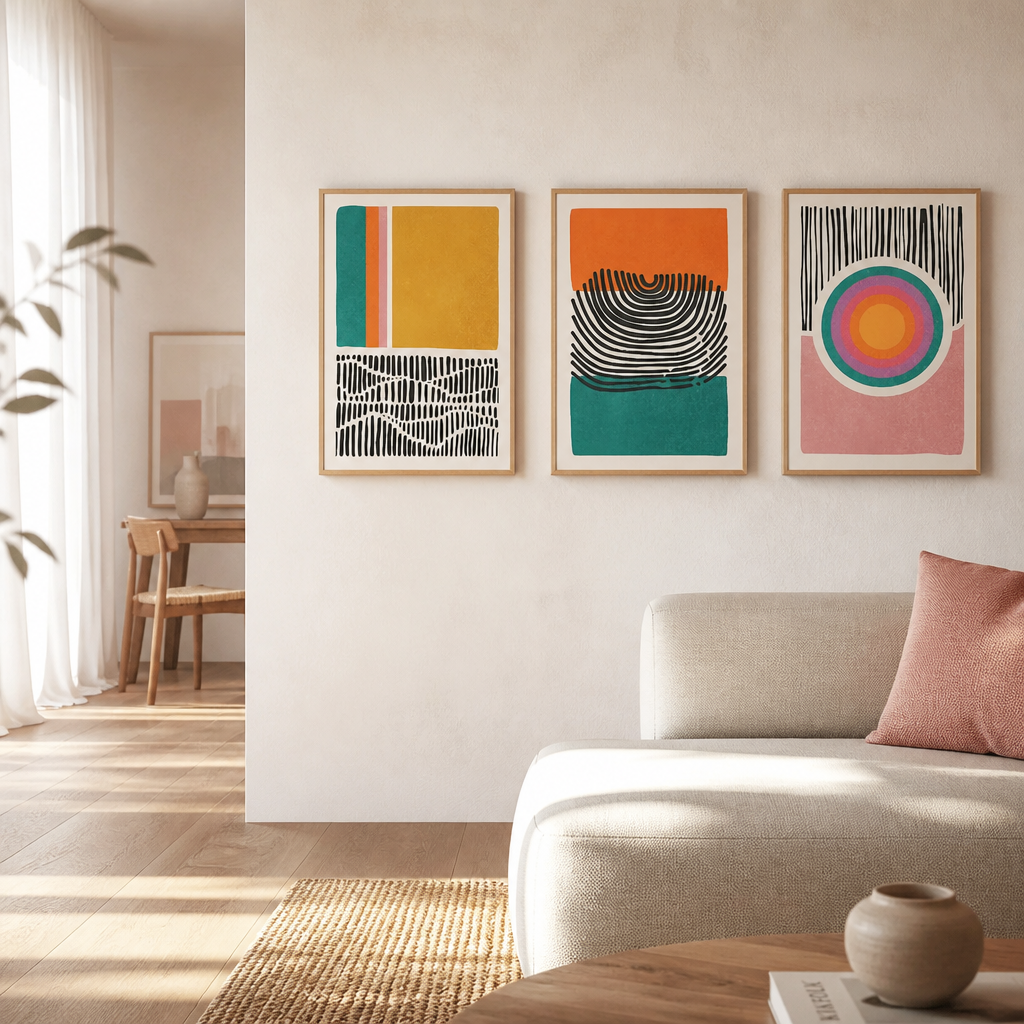 Three abstract canvas prints in mustard, orange, teal and pink with bold line art details