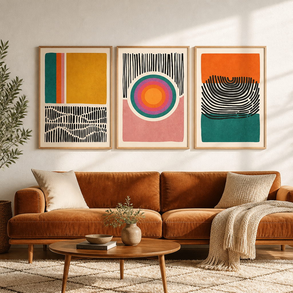 Three abstract canvas prints in mustard, orange, teal and pink with bold line art details