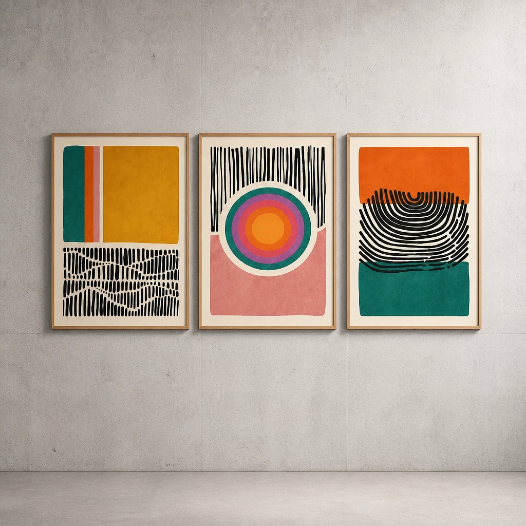 Three abstract canvas prints in mustard, orange, teal and pink with bold line art details