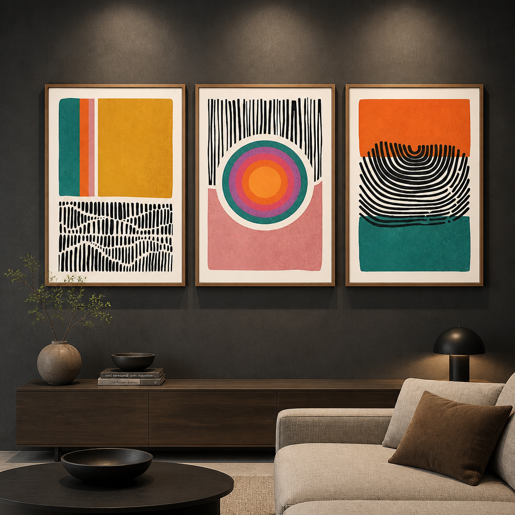 Three abstract canvas prints in mustard, orange, teal and pink with bold line art details