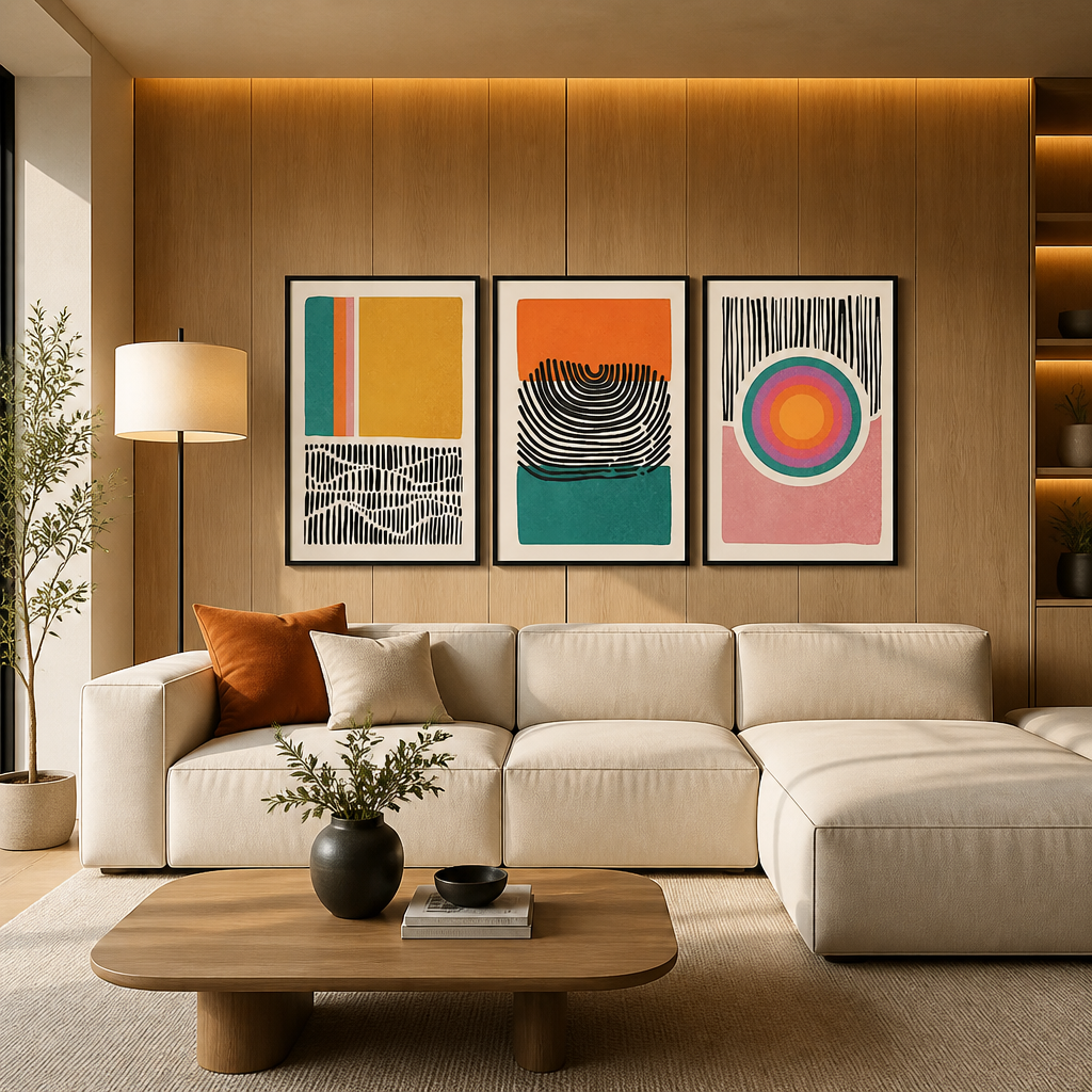 Three abstract canvas prints in mustard, orange, teal and pink with bold line art details