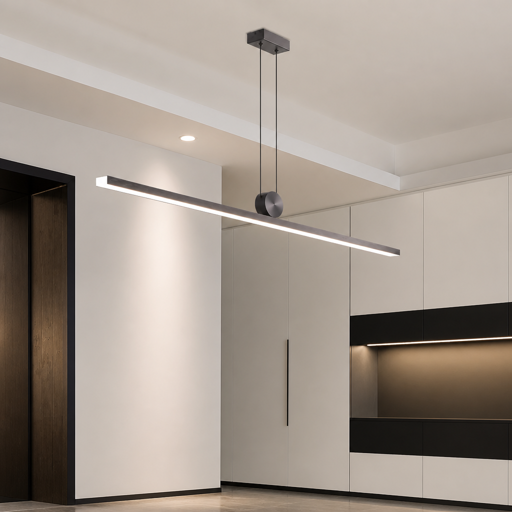 A modern linear LED pendant light with a matte black finish hangs from a thin cord in a minimalist interior room with white and black cabinets.