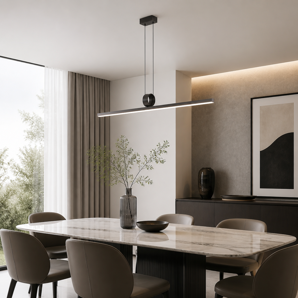 Modern linear LED pendant light hanging over a marble dining table in a contemporary dining room with upholstered chairs, curtains, and wall art.