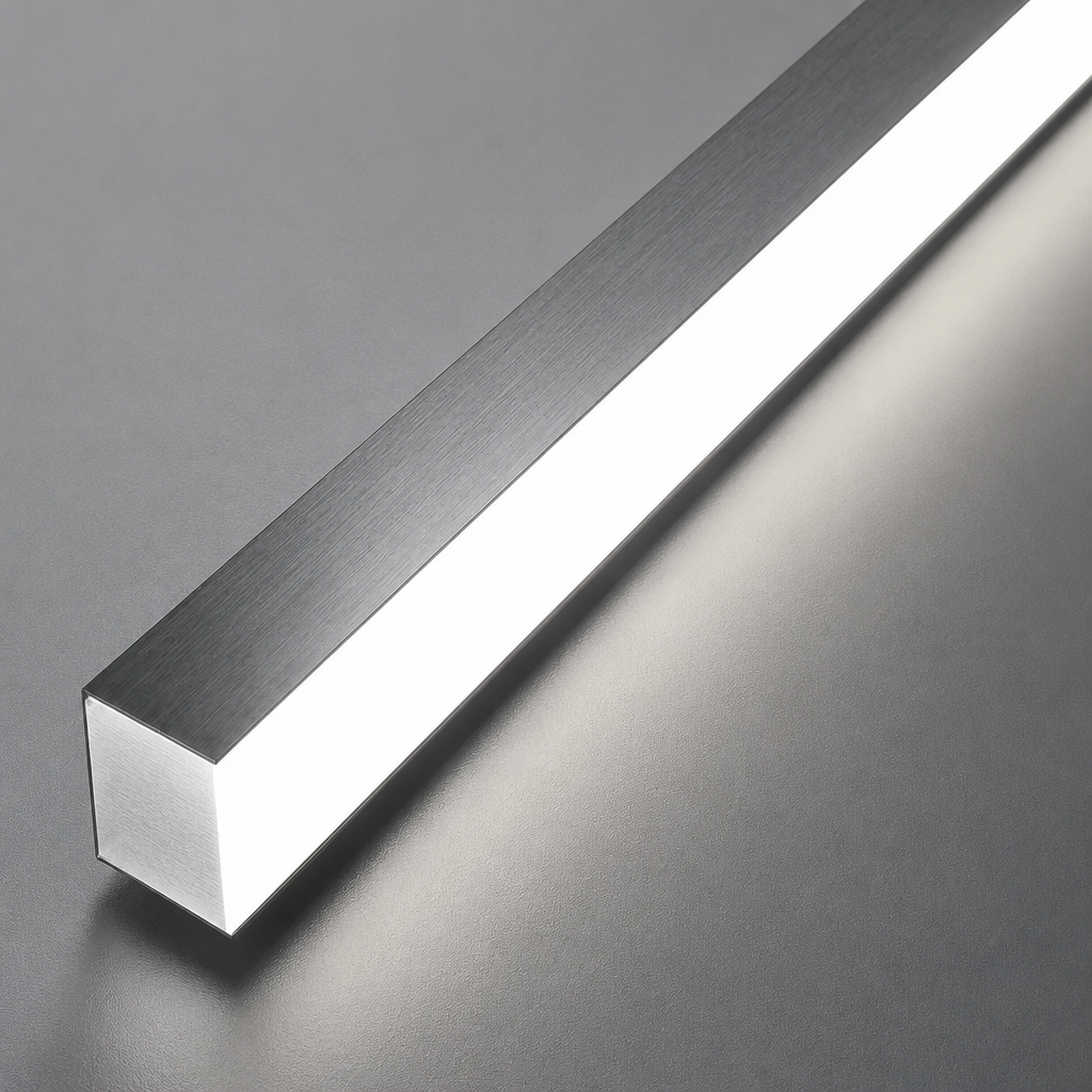 A square-edged linear LED pendant light bar with a brushed metal finish, shown illuminated on a dark grey background.