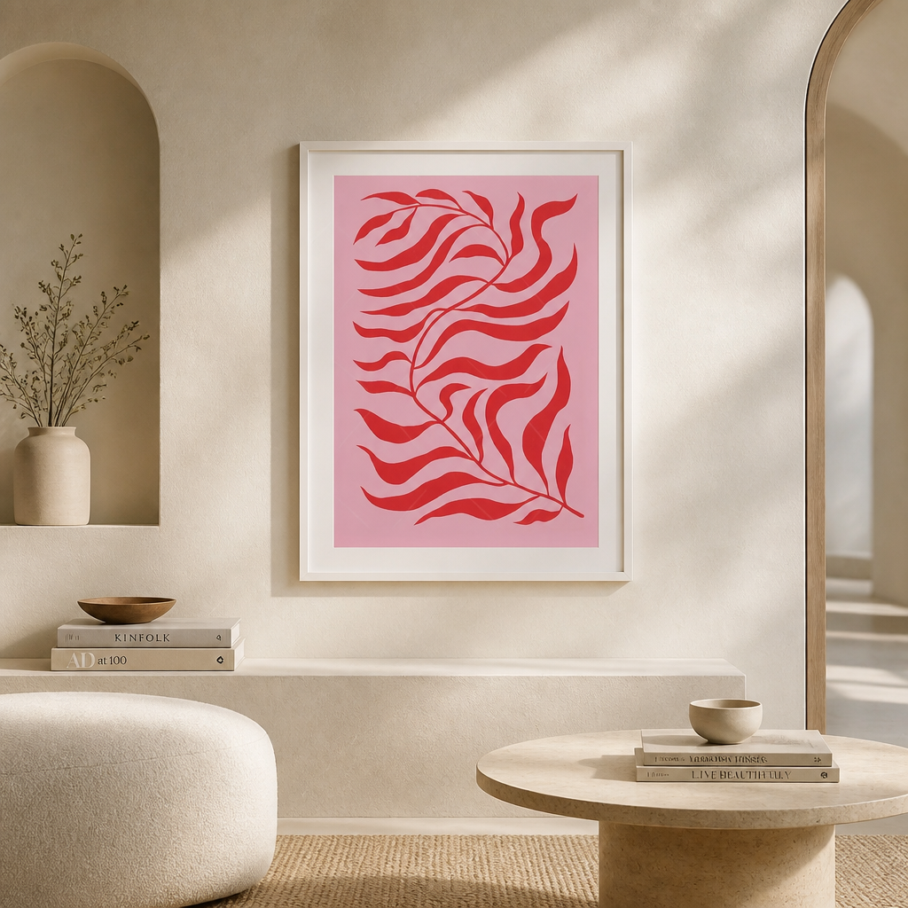 Red leaf line art print on pink background