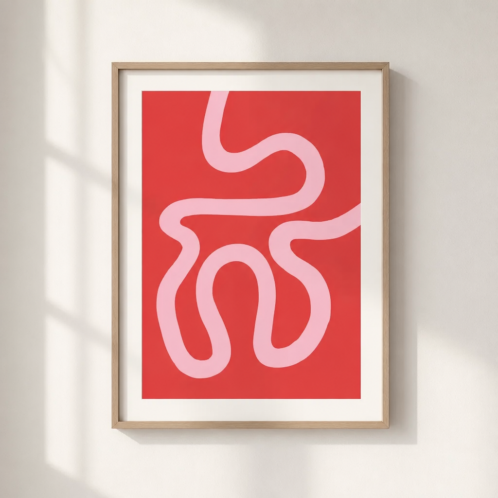 Pink squiggle line art print on red background