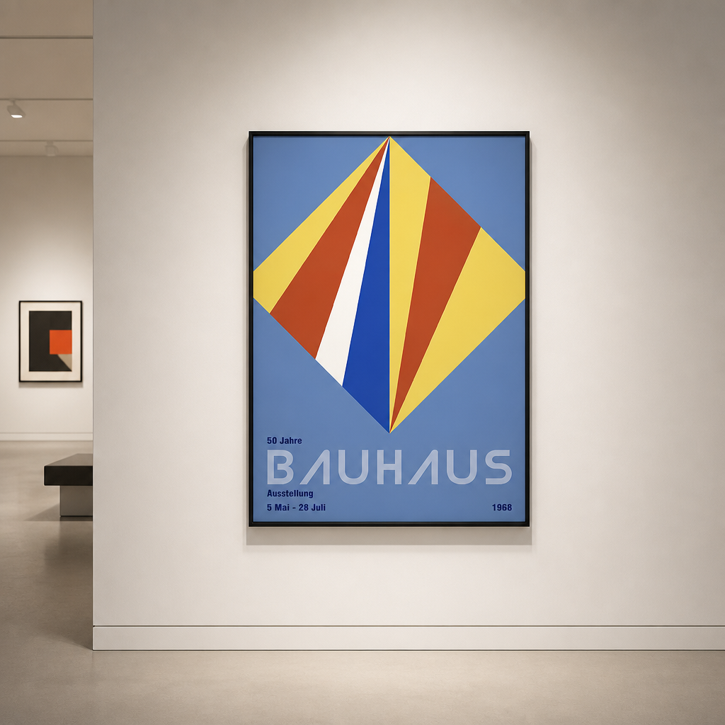 Blue Bauhaus poster with red, yellow and white triangle sunburst
