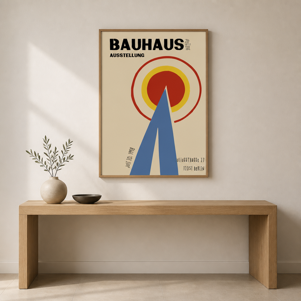 Bauhaus Ausstellung poster with red, yellow and blue sunburst circle