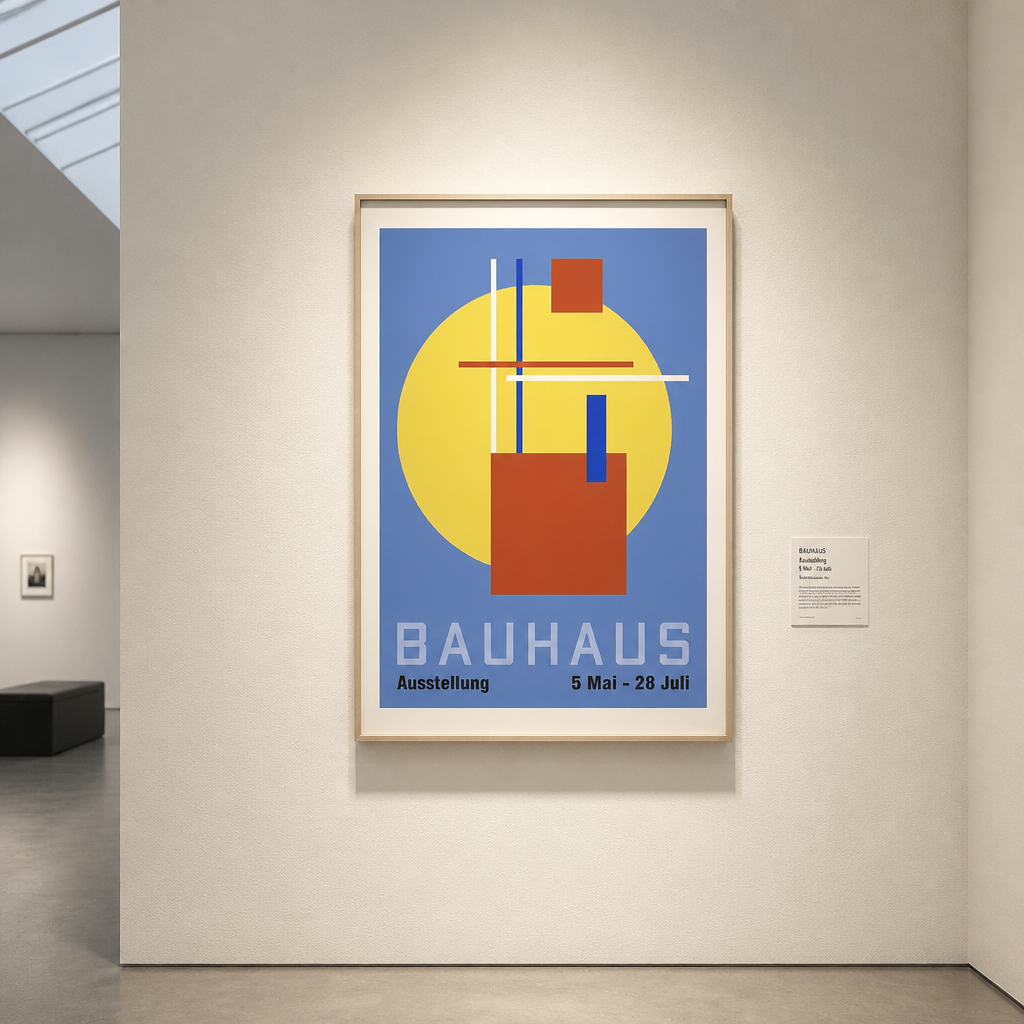 Blue Bauhaus poster with red square and geometric line accents