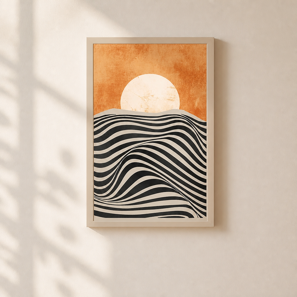 Abstract sunset print with wavy black and cream dune pattern