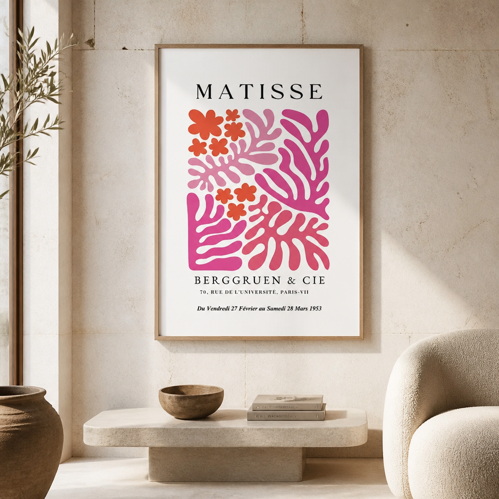 Matisse-style pink and red leaf cutout print