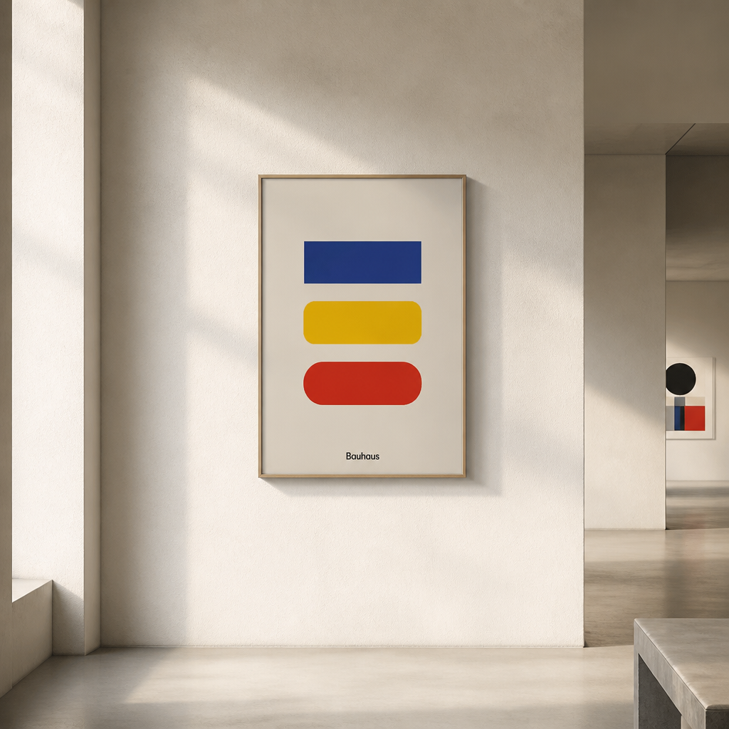 Bauhaus print with blue, yellow and red pill shapes