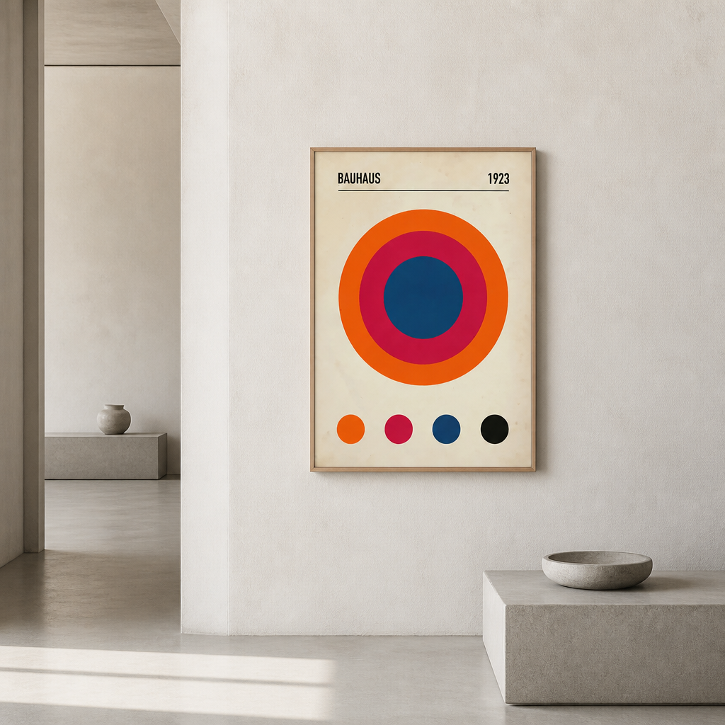 Bauhaus 1923 concentric circle print in orange, pink and blue