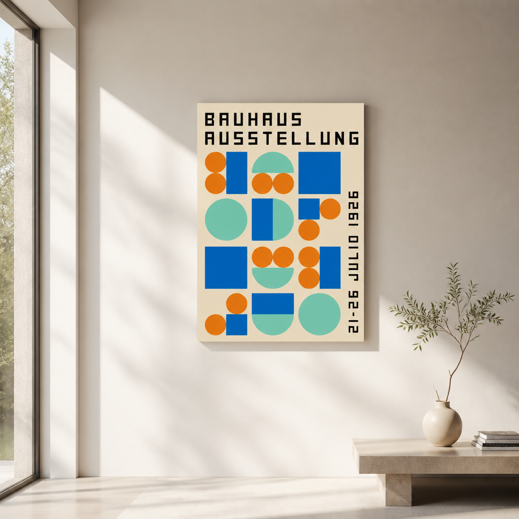 Bauhaus Ausstellung poster with orange, blue and teal shapes