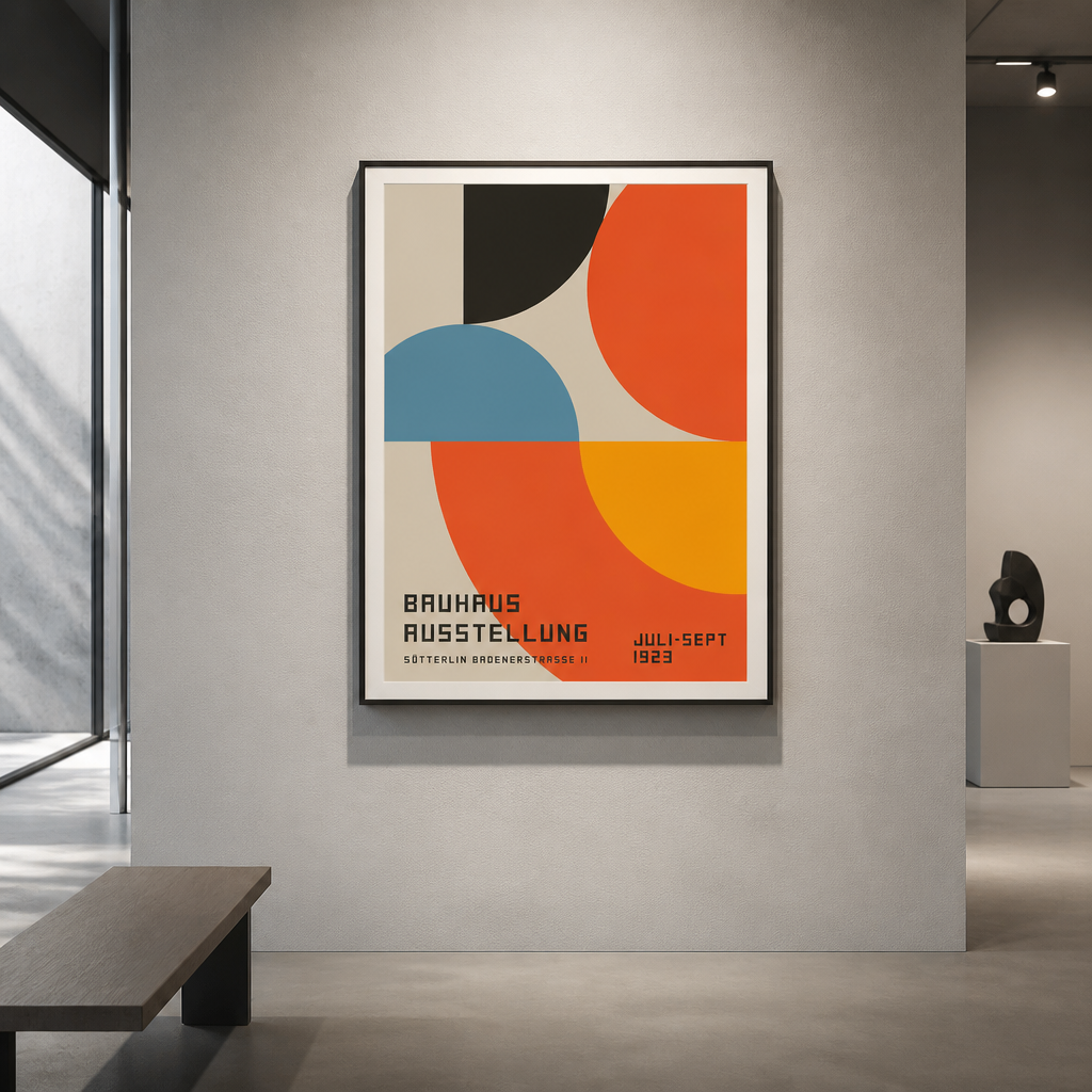 Bauhaus Ausstellung poster with orange, blue and black arch shapes