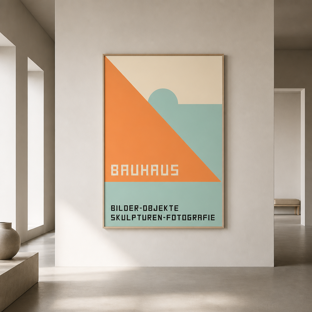 Orange and sage green Bauhaus poster with triangle and arch design